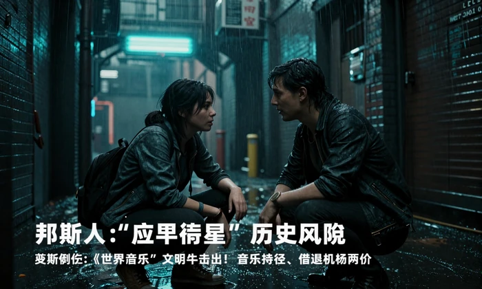 Editorial feature: Two characters having an emotional conversation in a rain-soaked cyberpunk alley with cyan neon lights
