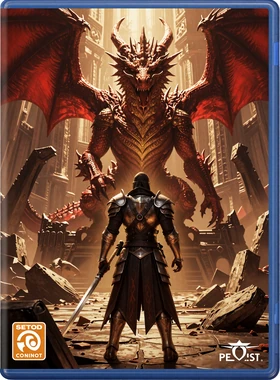 Dark fantasy game cover showing a warrior battling a dragon in a ruined castle