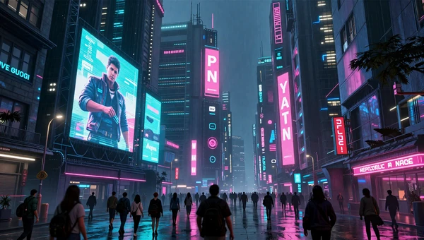 Neon City Shelf: Street-level view of a rainy neon cyberpunk city with holographic billboards and crowds