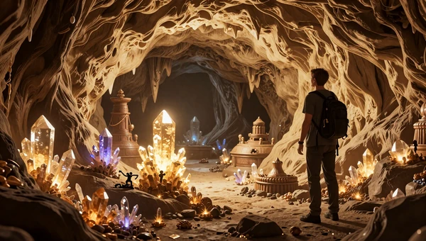 Quiet Gem Shelf collection: Explorer discovering a secret glowing crystal cave with ancient wonders and golden light