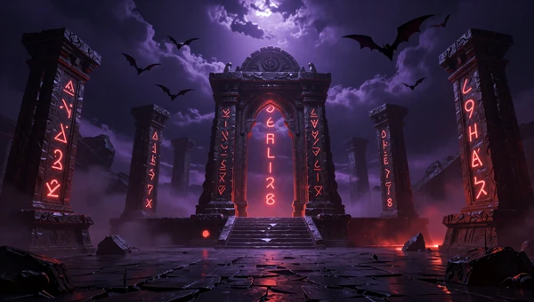 Dark Fantasy Shelf collection: Ancient cursed ruins in a stormy night with glowing magical runes and deep purple atmosphere