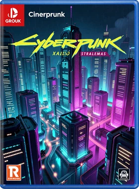 Cyberpunk city strategy game cover showing a neon-lit futuristic metropolis at night