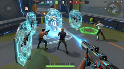 Game article thumbnail: Competitive multiplayer arena with energy shields and high-tech weapons in electric blue and green