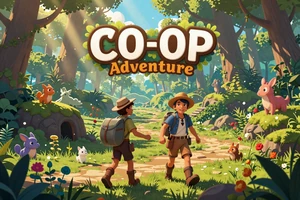 Verdant Harbor: A co-op adventure game showing two adventurers exploring a magical forest with fantasy creatures