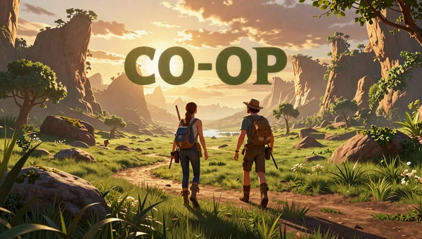 Weekend Co-op Shelf collection: Two adventurers traversing a stunning fantasy landscape at golden sunset